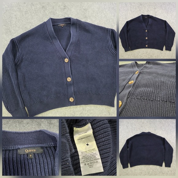 Quince Sweaters - Quince Sweater Womens Small Navy 100% Organic Cotton Boxy Cropped Cardigan Knit